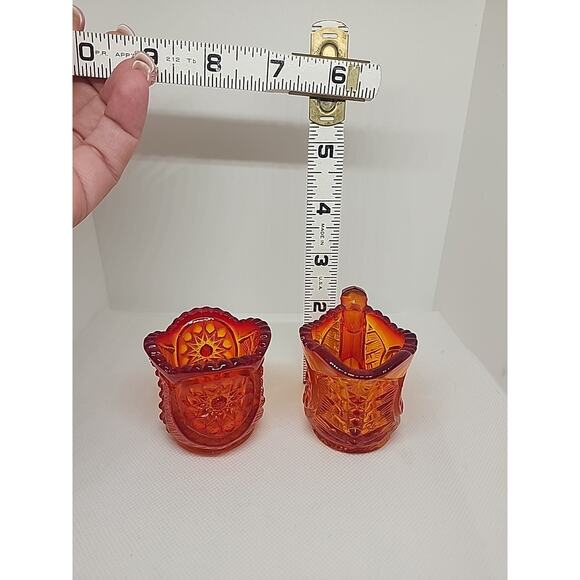Vtg. L.E.Smith MINIATURE AMBER Star Pattern Mini 2" SUGAR BOWL & CREAMER Set - Picture 3 of 6